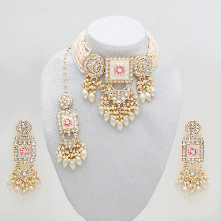 Regal Kundan Meena Necklace & Earrings Set with white Beads – Exquisite Indian Bridal Jewellery