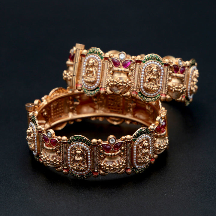 Polki Temple Kada Set with Ruby & Emerald Detailing