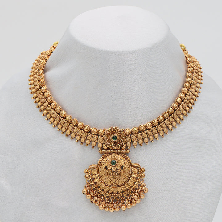 Antique Gold Temple Necklace Set with Emerald Detailing