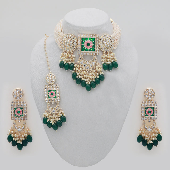 Regal Kundan Meena Necklace & Earrings Set with Green Beads – Exquisite Indian Bridal Jewellery
