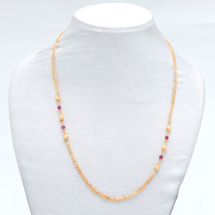 Delicate Gold-Toned Dual Chain Ruby Bead Necklace