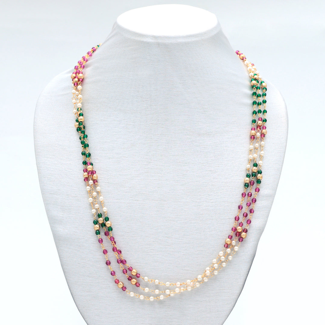 Tri-Color Pearl & Bead Multi-Layer Long Necklace