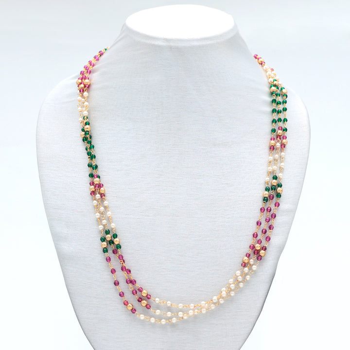 Tri-Color Pearl & Bead Multi-Layer Long Necklace