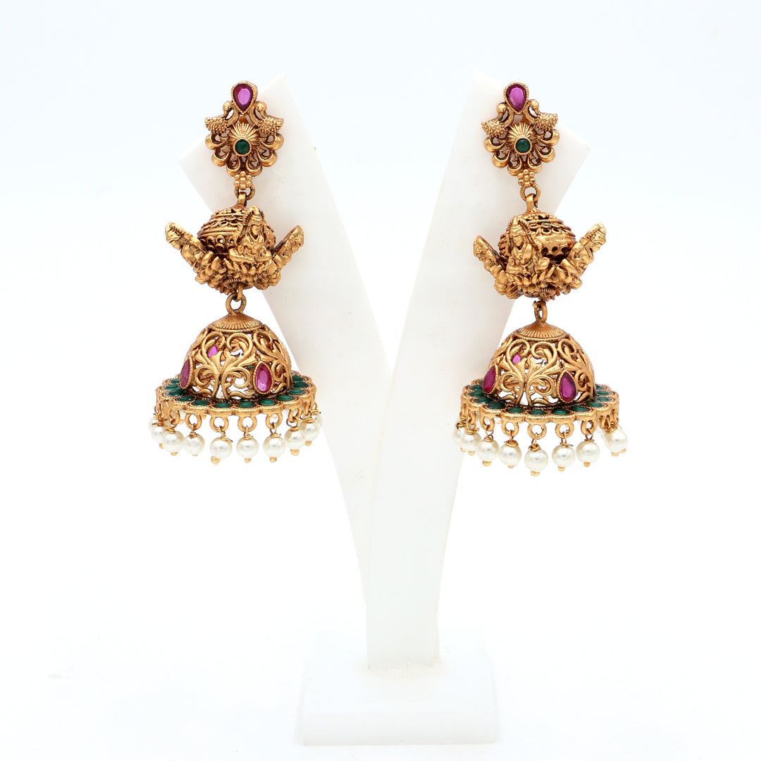 Antique Gold Temple Jhumka Earrings with Pearl Drops