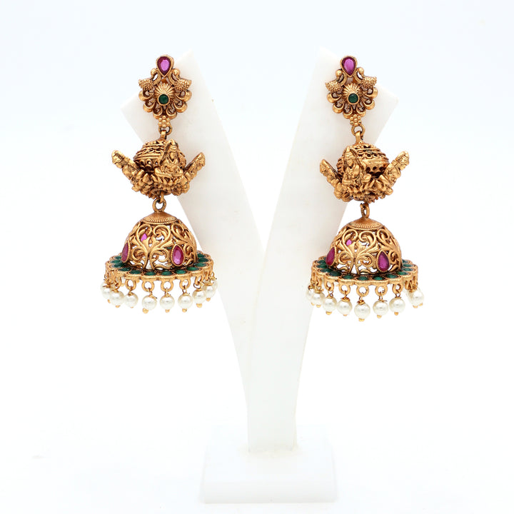Antique Gold Temple Jhumka Earrings with Pearl Drops