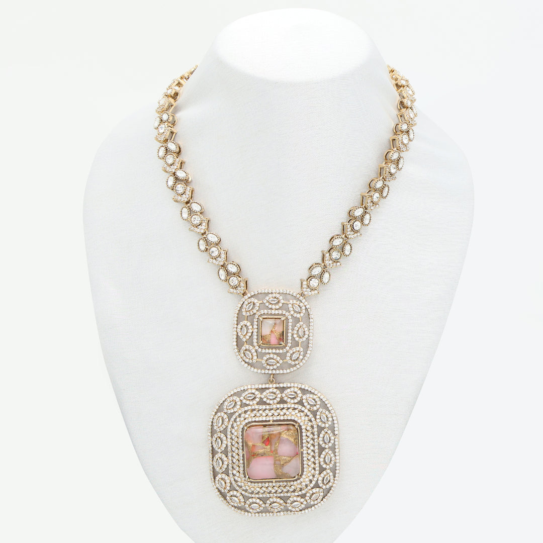 Royal Square AD Long Necklace Set with Matching Earrings