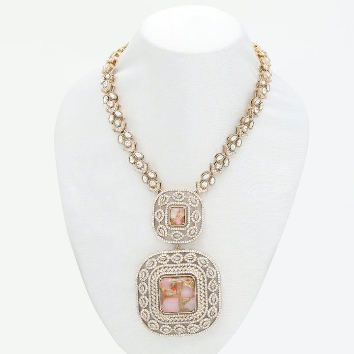 Royal Square AD Long Necklace Set with Matching Earrings