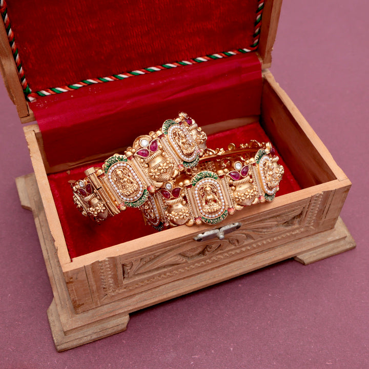 Polki Temple Kada Set with Ruby & Emerald Detailing