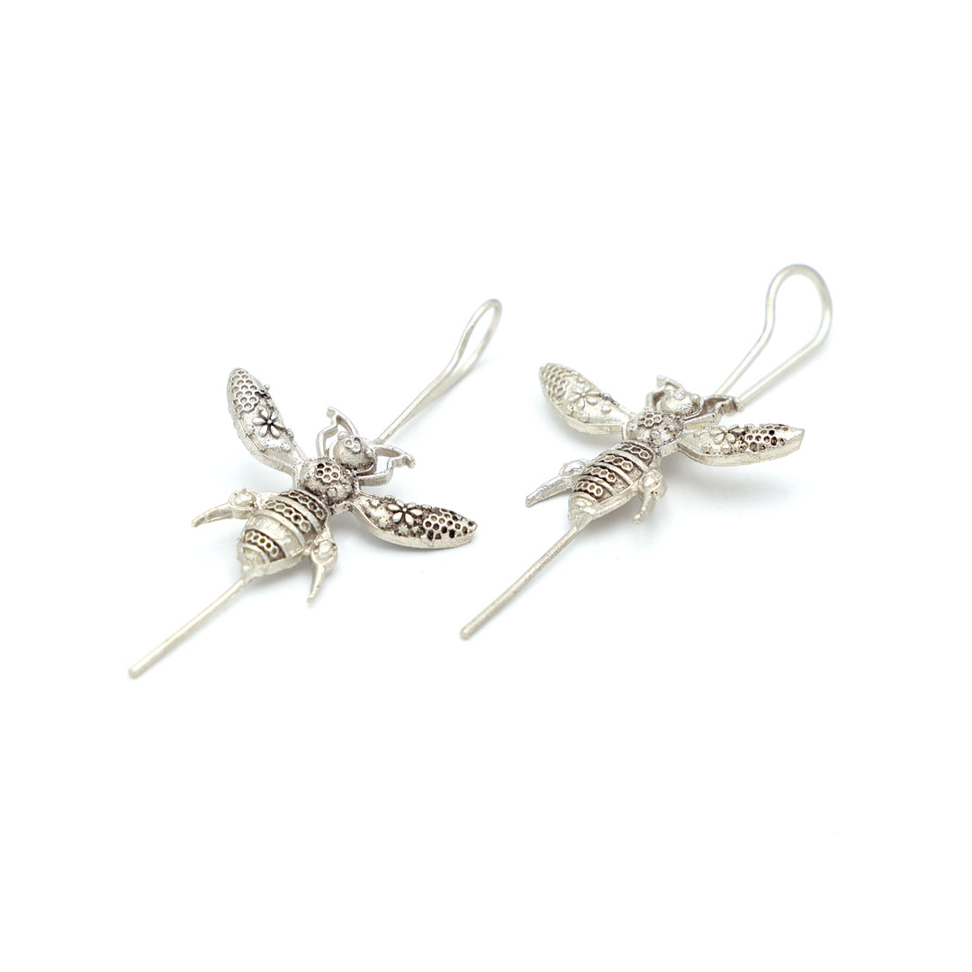 Silver Bee Motif Long Drop Earrings
