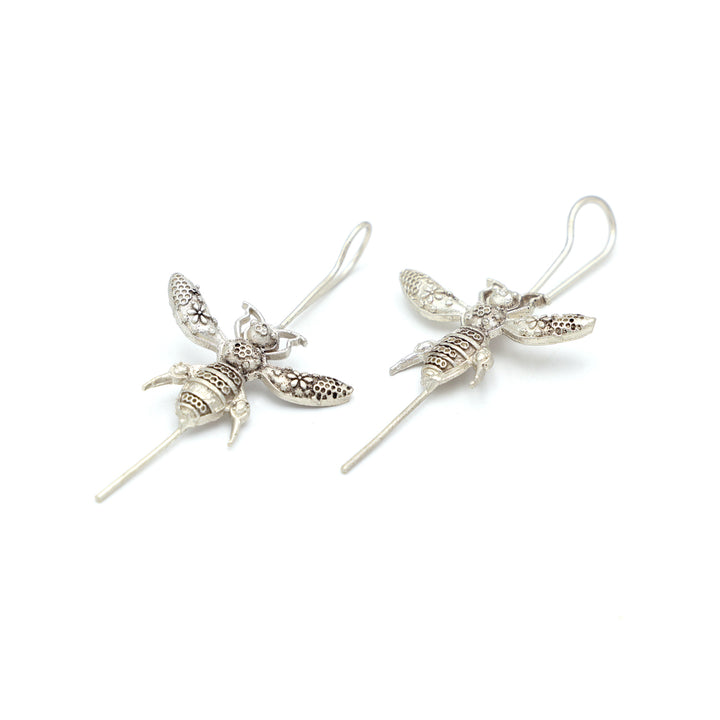 Silver Bee Motif Long Drop Earrings