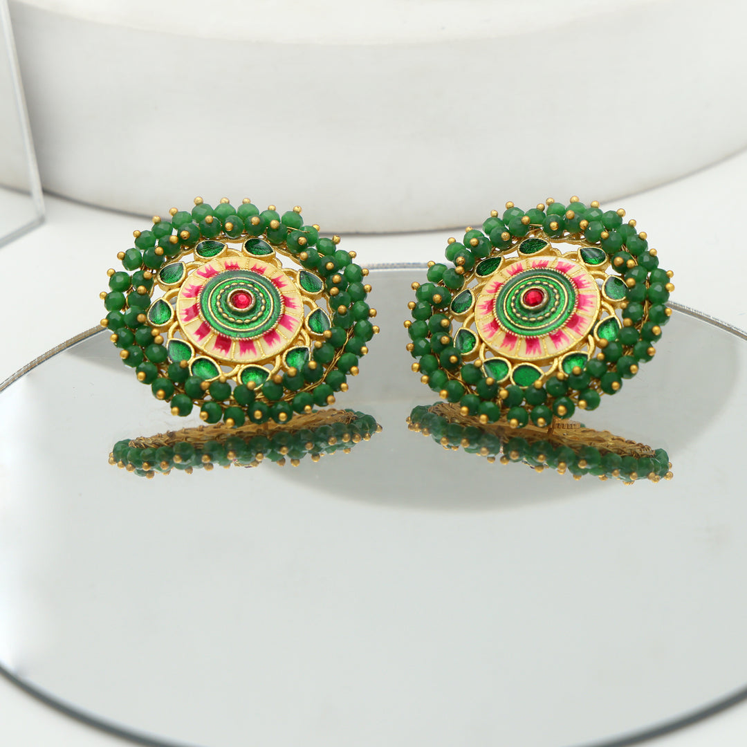 Green Meenakari Lotus Stud Earrings