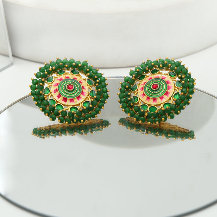 Green Meenakari Lotus Stud Earrings