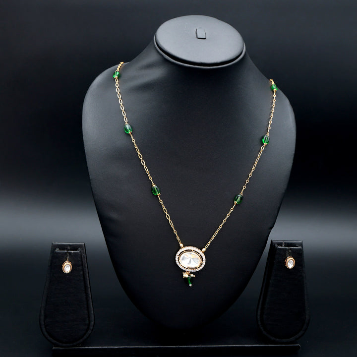 Elegant Green Bead Kundan Pendant Necklace Set