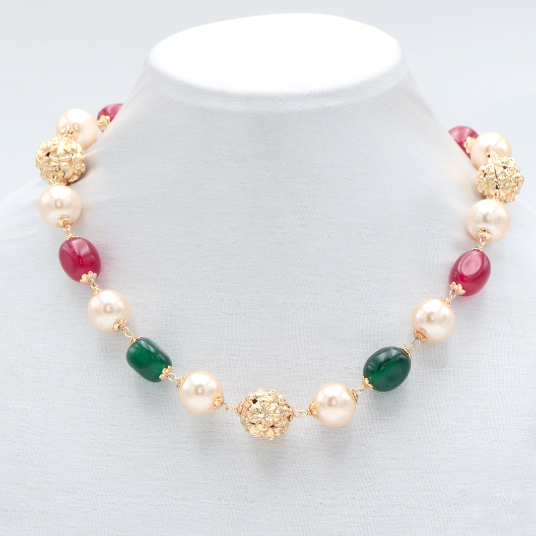 Dual-Tone Pearl & Color Bead Statement Necklace Set