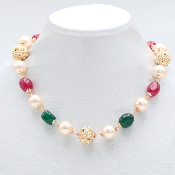 Dual-Tone Pearl & Color Bead Statement Necklace Set