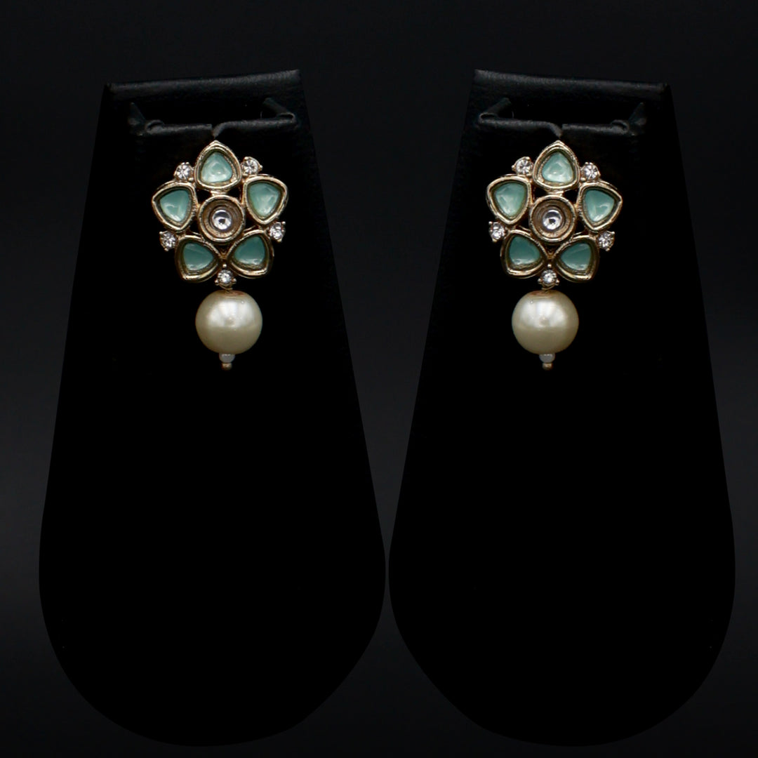 Polki Floral Stud Earrings with Pearl Drop - Mint Green