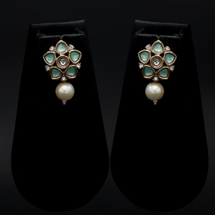 Polki Floral Stud Earrings with Pearl Drop - Mint Green