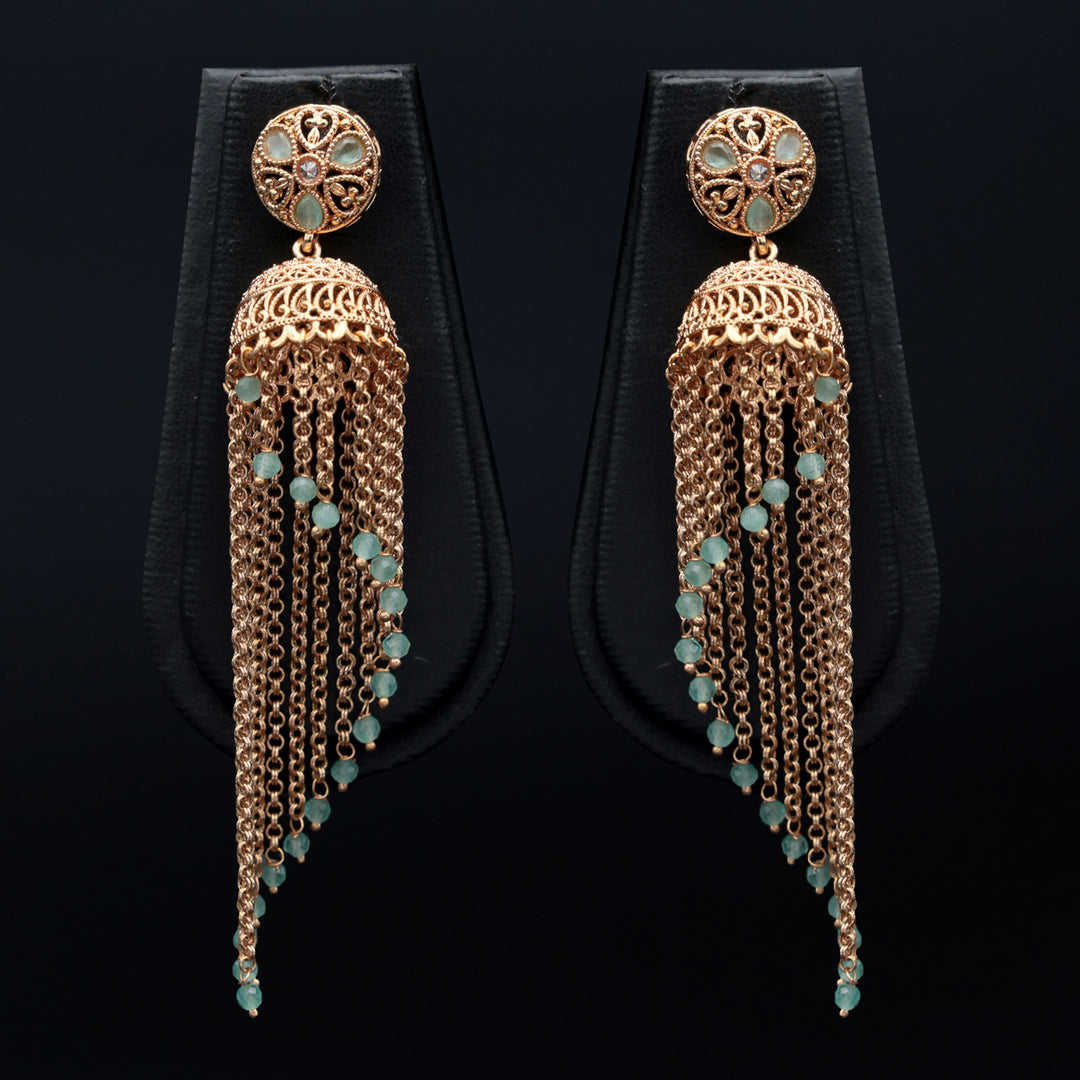 Gold Tassel Dome Earrings with Mint Beads