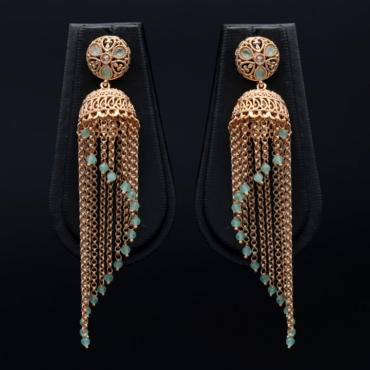 Gold Tassel Dome Earrings with Mint Beads