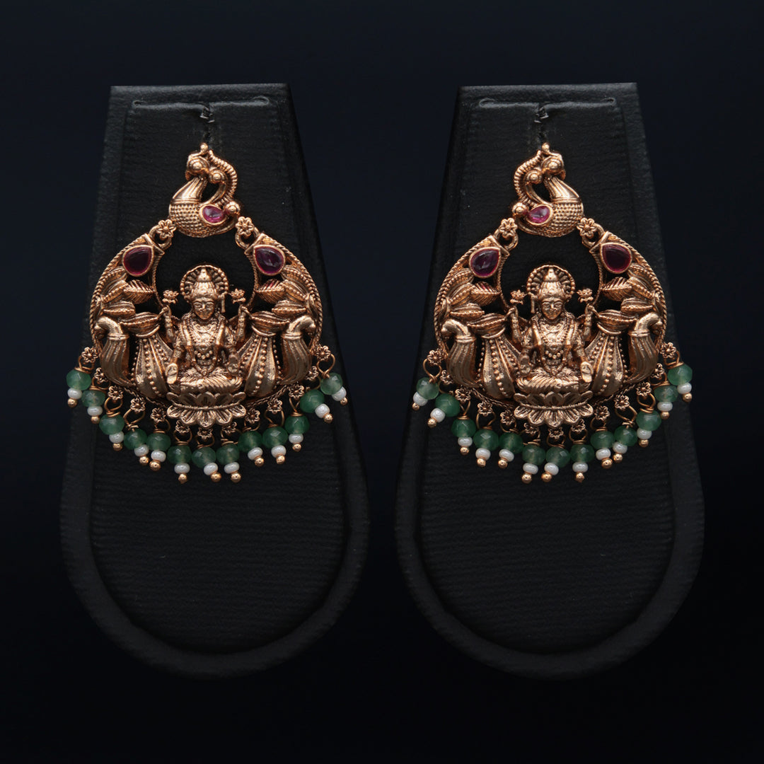 Temple Goddess Motif Earrings with Green Beads