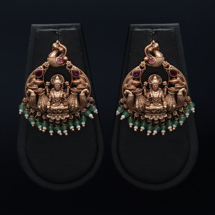 Temple Goddess Motif Earrings with Green Beads