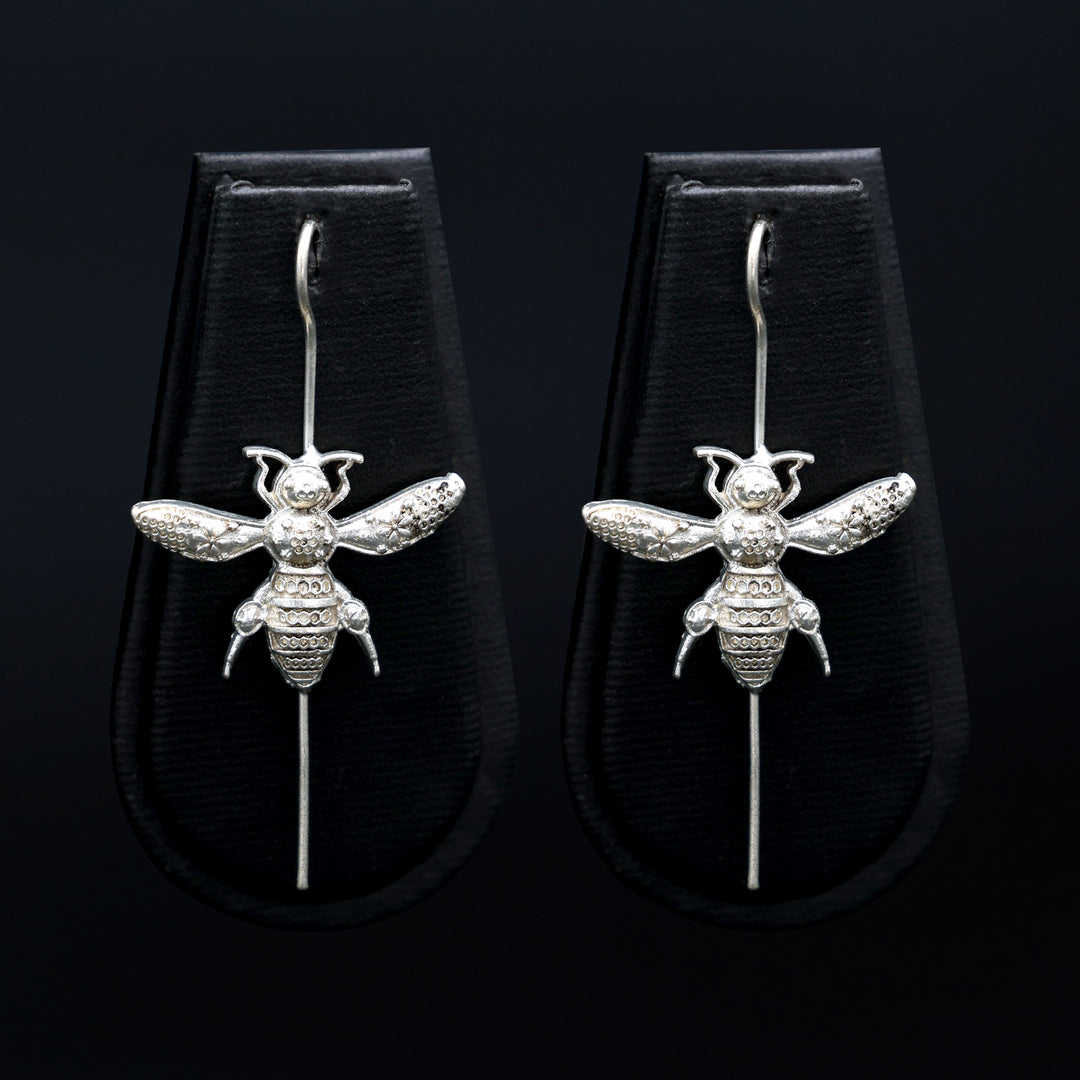 Silver Bee Motif Long Drop Earrings