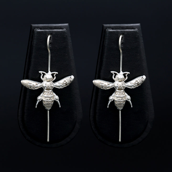 Silver Bee Motif Long Drop Earrings