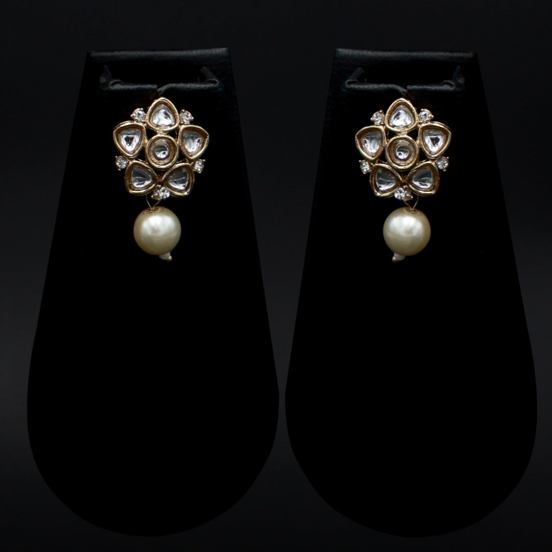 Polki Floral Stud Earrings with Pearl Drop - White