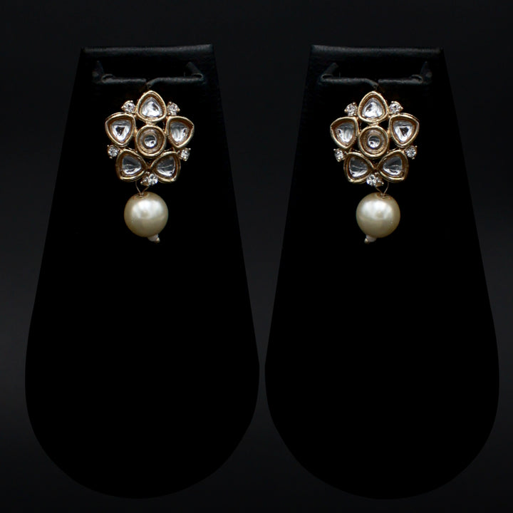 Polki Floral Stud Earrings with Pearl Drop - White