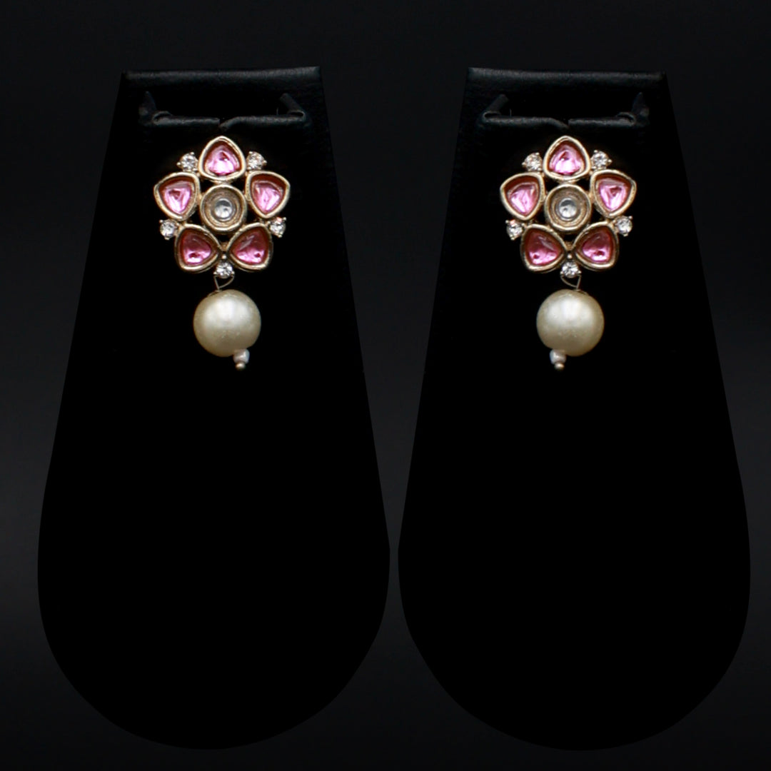 Polki Floral Stud Earrings with Pearl Drop - Baby Pink
