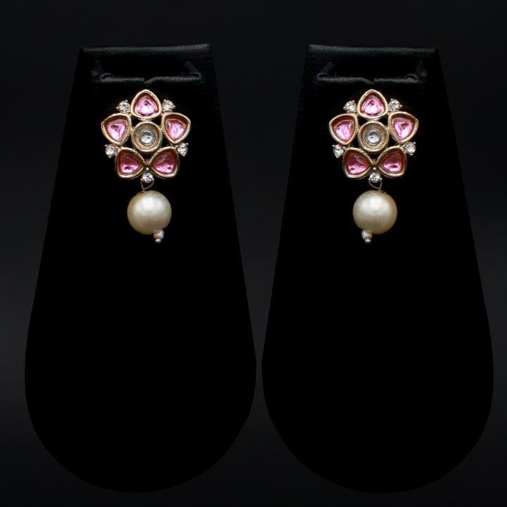 Polki Floral Stud Earrings with Pearl Drop - Baby Pink