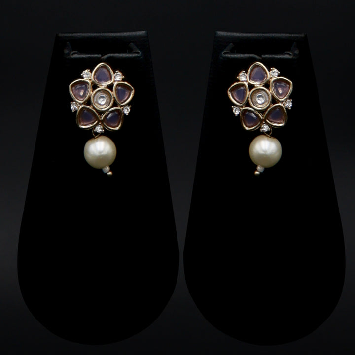 Polki Floral Stud Earrings with Pearl Drop - Lavender