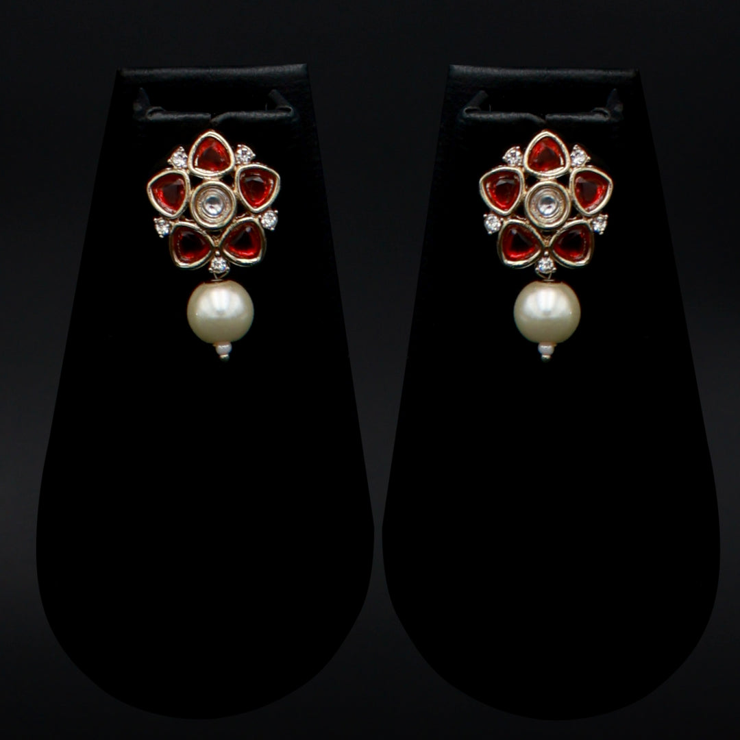Polki Floral Stud Earrings with Pearl Drop - Red