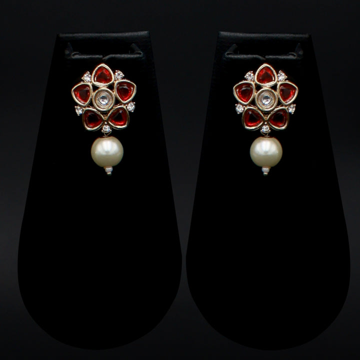 Polki Floral Stud Earrings with Pearl Drop - Red
