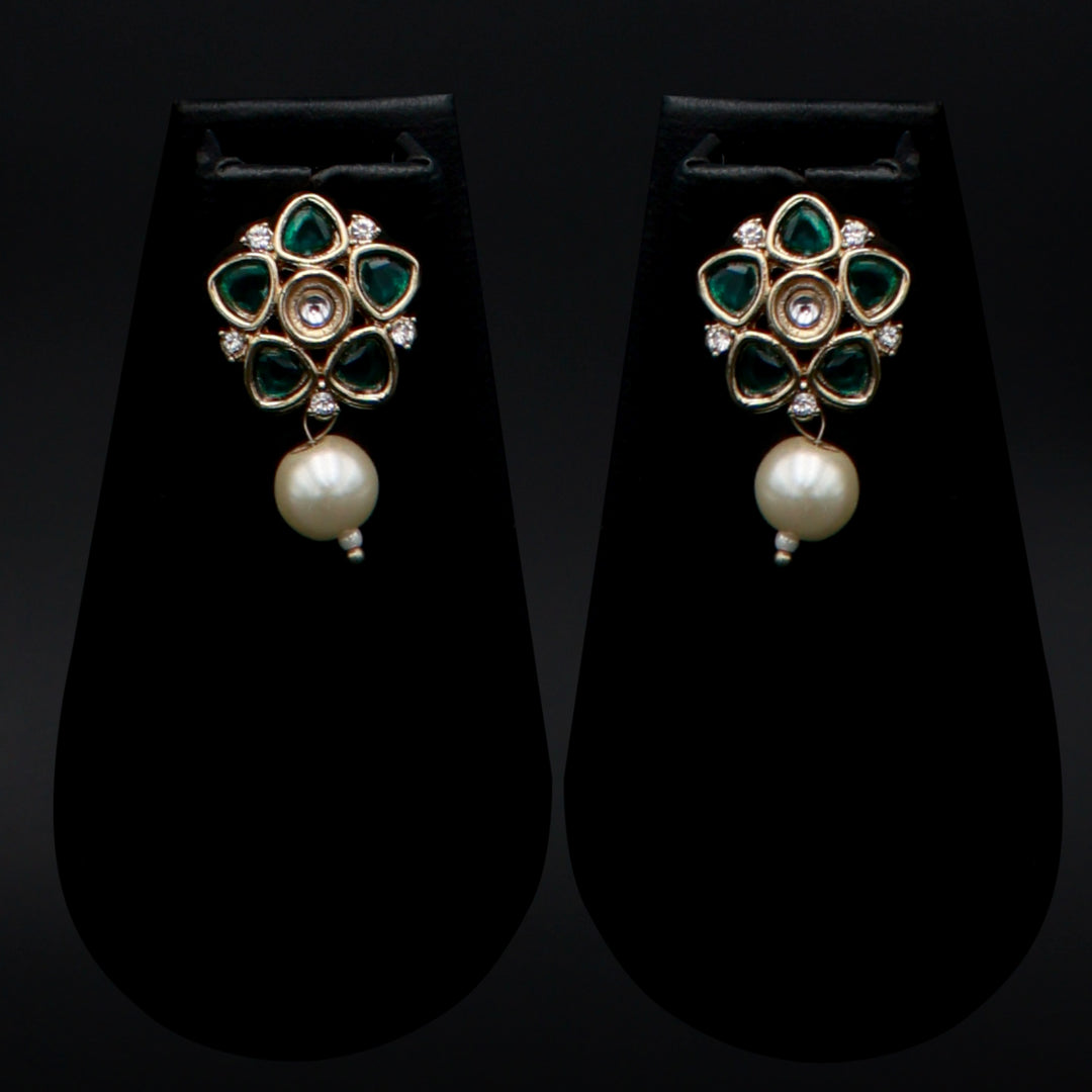 Polki Floral Stud Earrings with Pearl Drop - Dark Green
