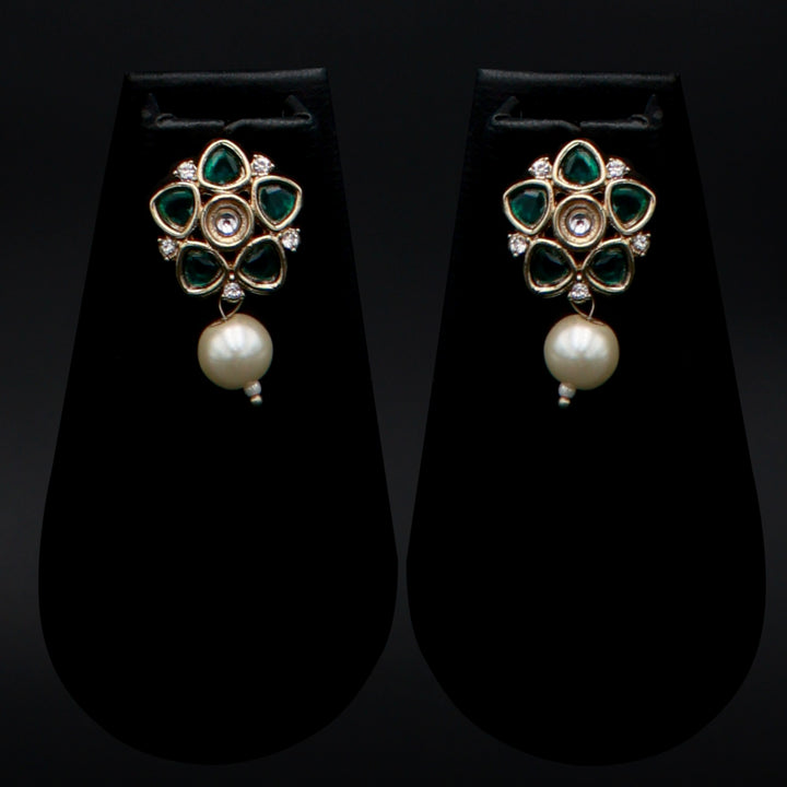 Polki Floral Stud Earrings with Pearl Drop - Dark Green