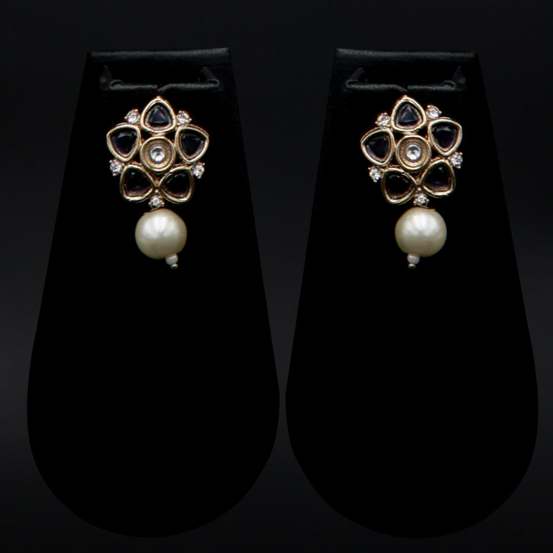 Polki Floral Stud Earrings with Pearl Drop - Violet