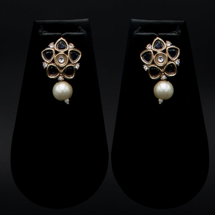 Polki Floral Stud Earrings with Pearl Drop - Violet