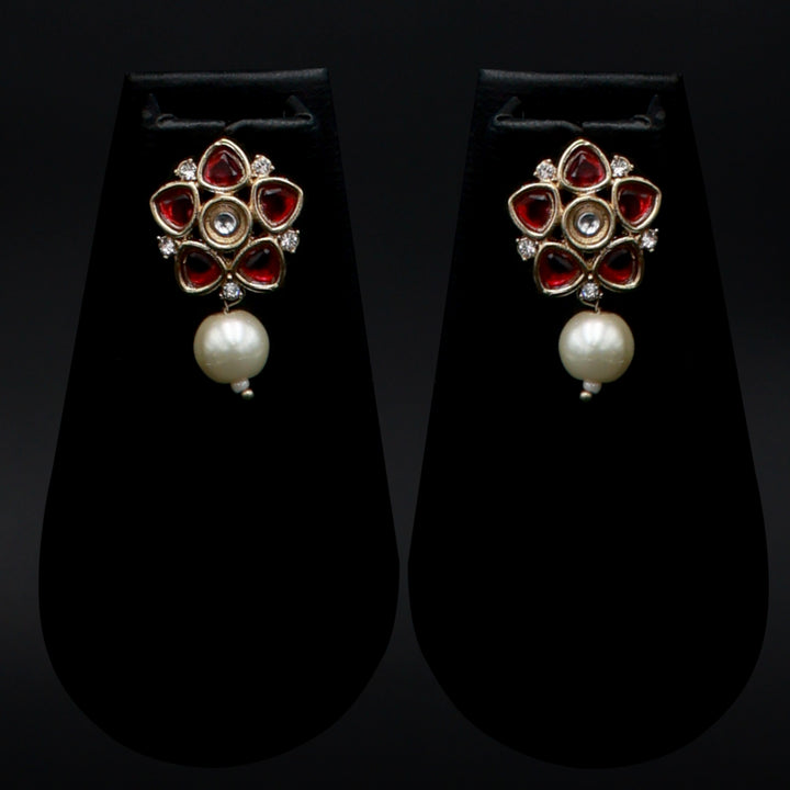 Polki Floral Stud Earrings with Pearl Drop - Ruby Red