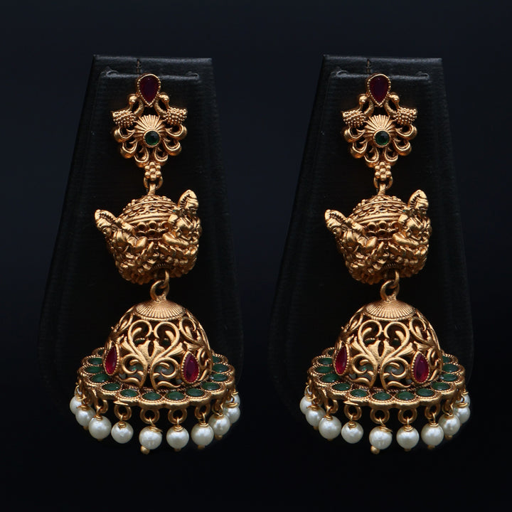 Antique Gold Temple Jhumka Earrings with Pearl Drops